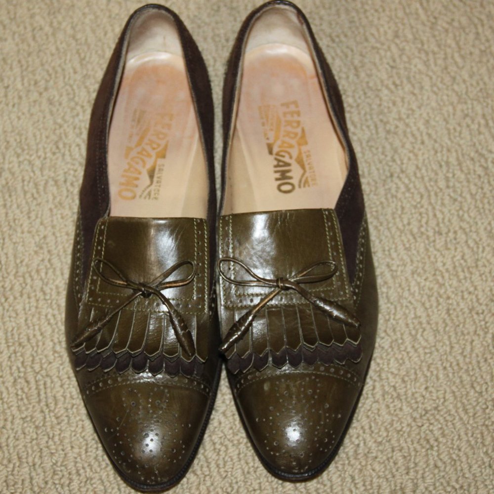Salvatore Ferragamo Olive Green Leather & Brown Suede Tassel Moccasin Sz 8B